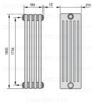 Схема (чертеж) Радиатор Zehnder Charleston 6180/4 №1270 Белый глянцевый RAL 9016